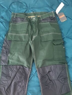 Men's Dark Green Cargo Work Pants with Black Reinforced Panels